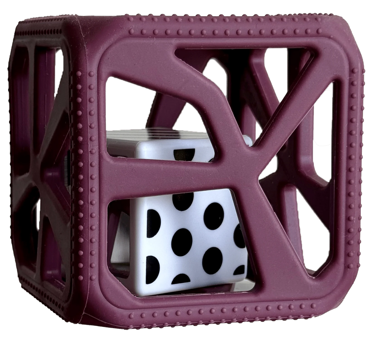 Chew Cube | Purple teething rattle with multi-textured surfaces and black and white polka dot center cube for babies.