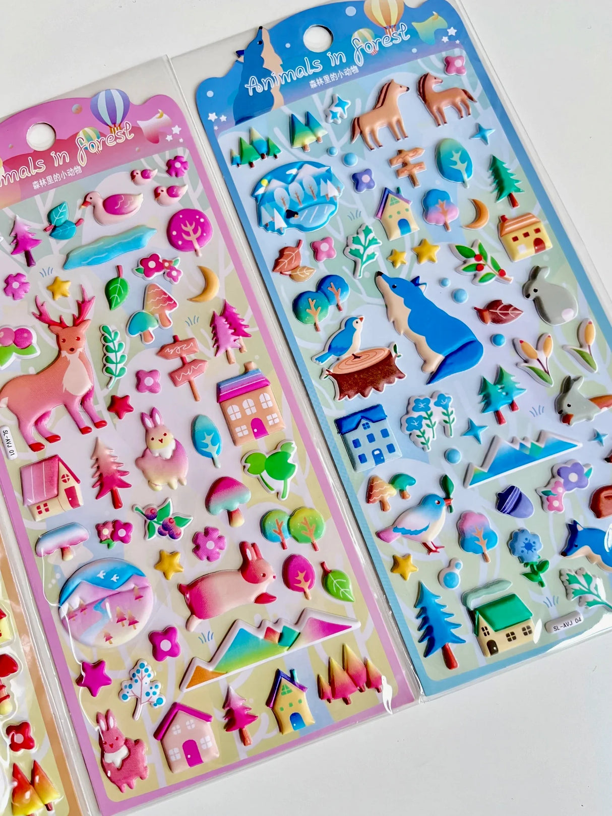 Forest Life Puffy Stickers featuring colorful forest animals, trees, and houses to decorate notes and planners.
