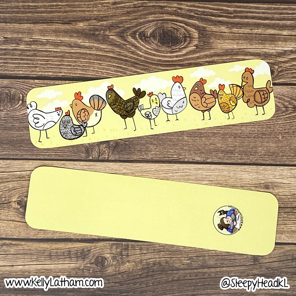 Chickens Bookmark with colorful chicken illustrations on high gloss coated paper, perfect for durable and cheerful reading.