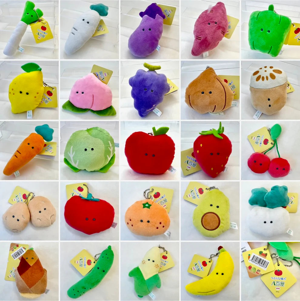 Fruit or Veggie Charm plush keychains in assorted styles including fruits and vegetables, soft and hand-sized for kids.