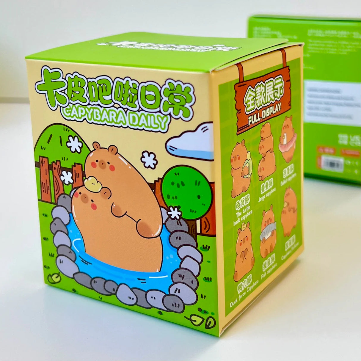 Capybara Life Blind Box packaging showing cute capybara cartoon and assorted animal resin figurine designs.