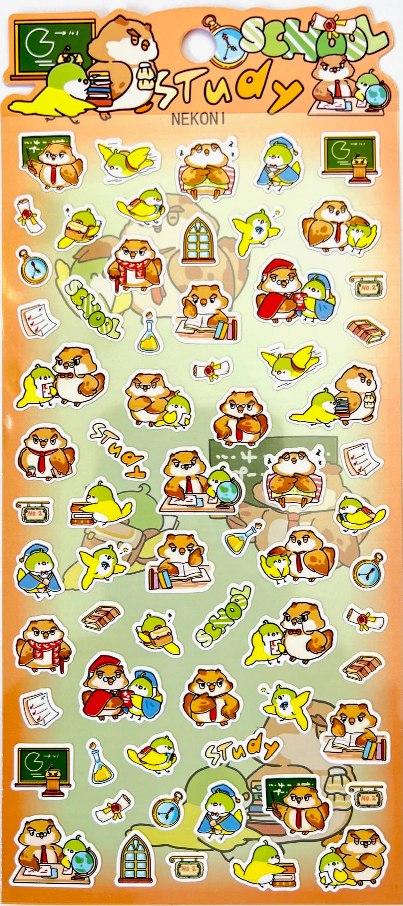 Owl & Bird School Stickers featuring cute owls and birds in school-themed scenes for notes and planners.