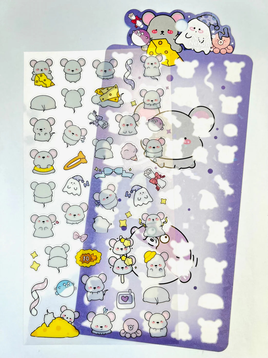 Mouse Party Stickers sheet featuring cute mouse characters with cheese, ghosts, and accessories for planners and notes.