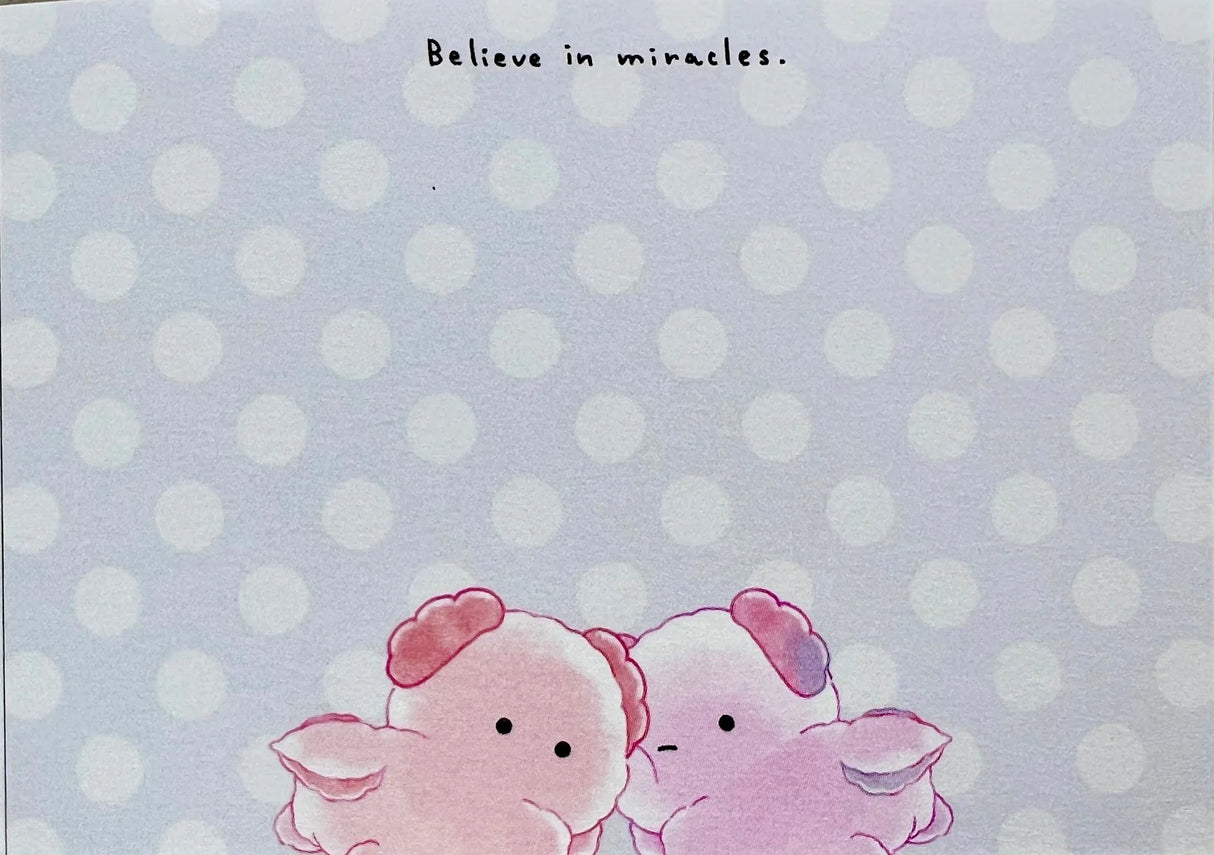 Mini Notepad | Axolotl Wooper Looper with a cute pink axolotl illustration and "Believe in miracles" text on a polka dot background.