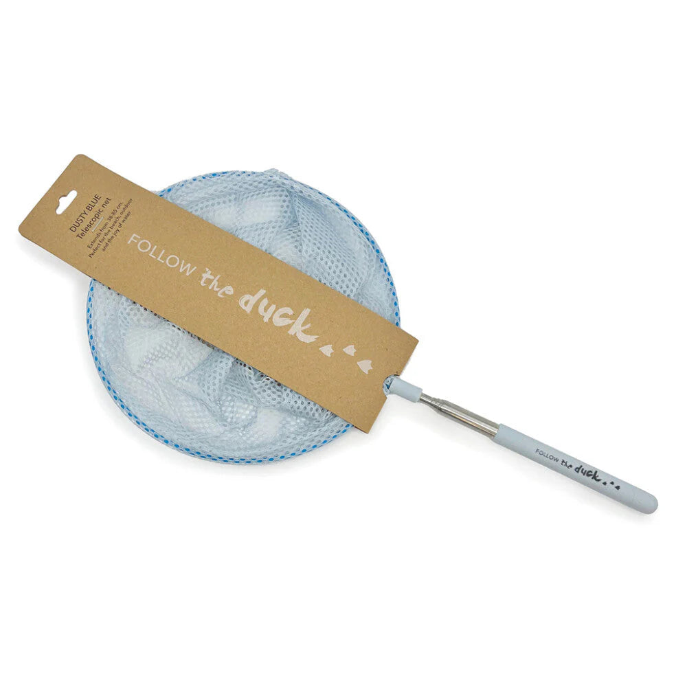 Telescopic fish net with stainless steel handle and fine mesh polyester net, ideal for outdoor water use.