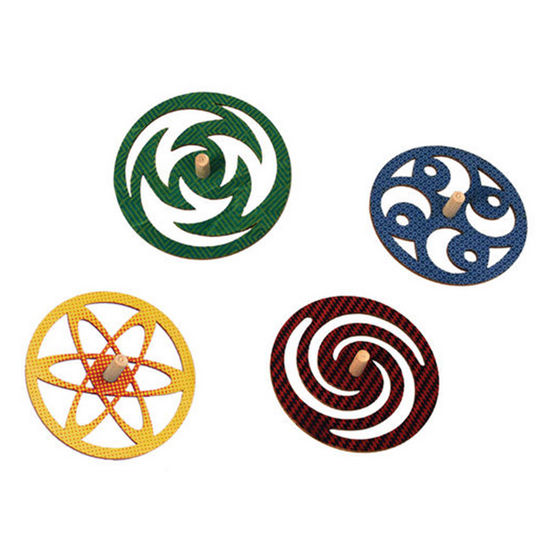 Four colorful precision-engineered wood spinning tops with unique laser-cut cosmic designs on a white background