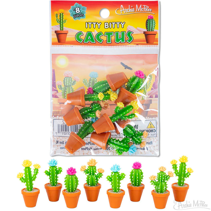 Itty Bitty Cactus set with eight colorful soft vinyl potted plants, each detailed with flowers and stones.