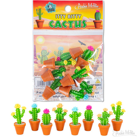 Itty Bitty Cactus set with eight colorful soft vinyl potted plants, each detailed with flowers and stones.