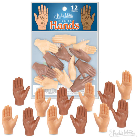 Itty Bitty Hands pack showing 12 tiny soft vinyl hands in two skin tones for playful fun and decoration.