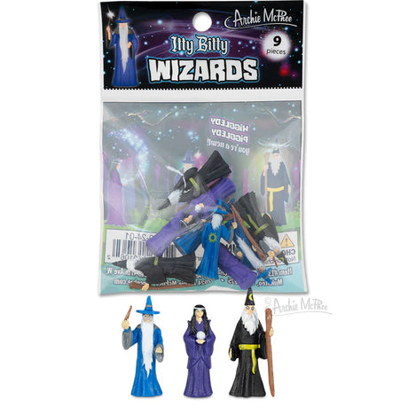 Itty Bitty Wizards bag with nine soft vinyl wizard figurines in three different styles, perfect for ages 3 and up.