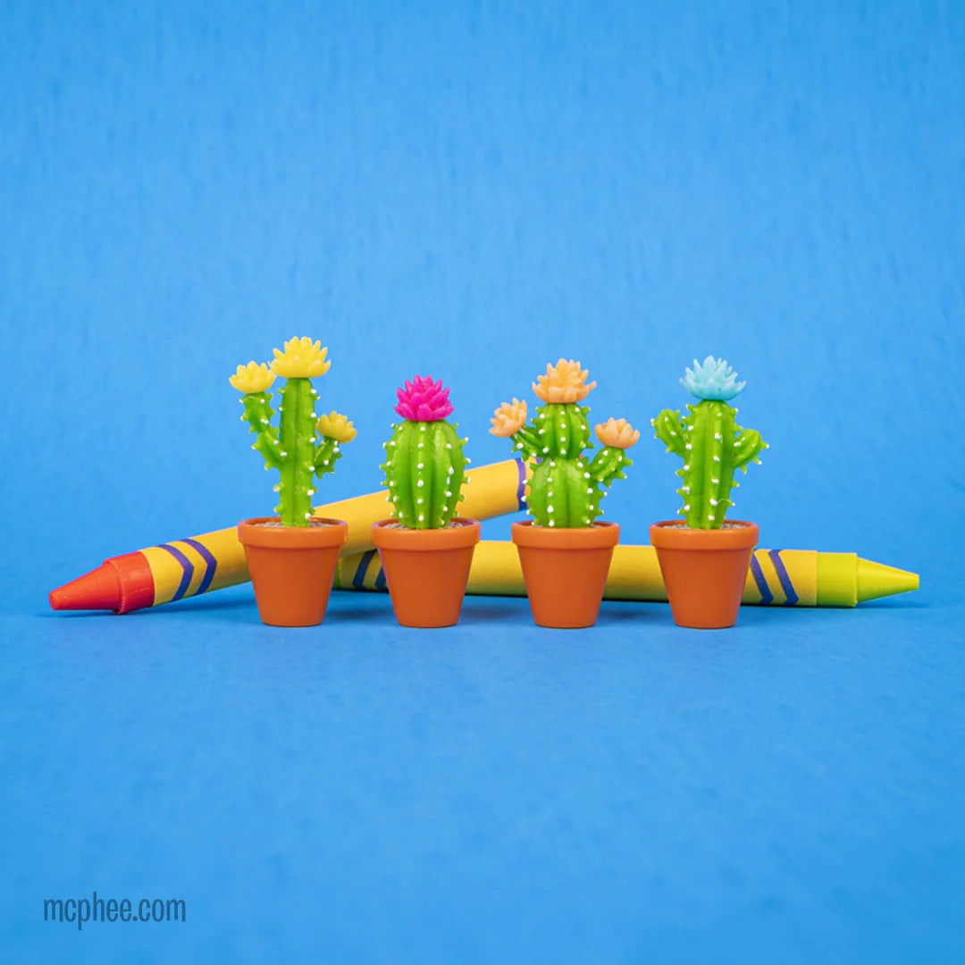 Itty Bitty Cactus showing four colorful soft vinyl potted mini cacti with detailed flowers on a blue background.