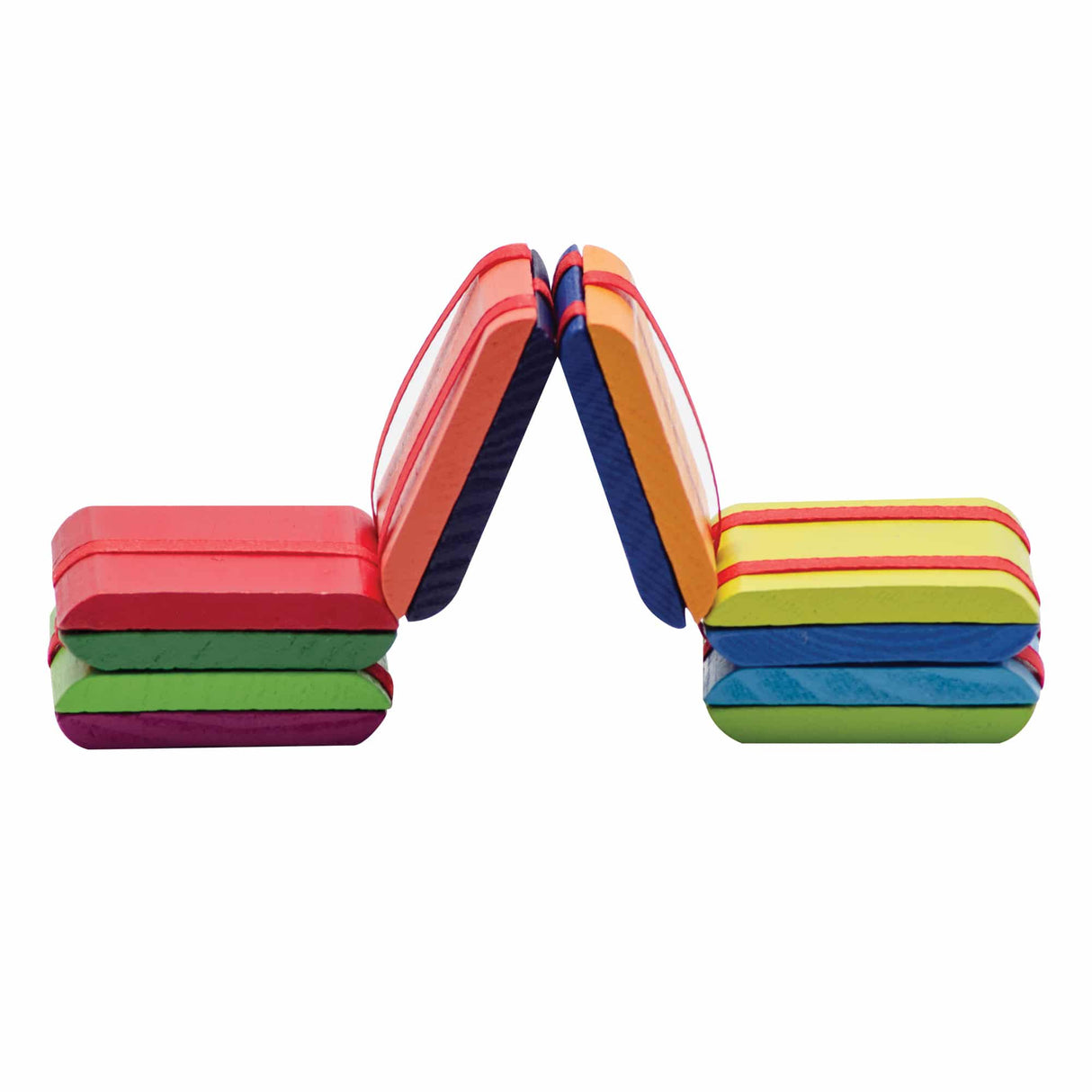 Jacob's Ladder colorful wooden blocks mid-cascade demonstrating the classic kinetic toy in motion.
