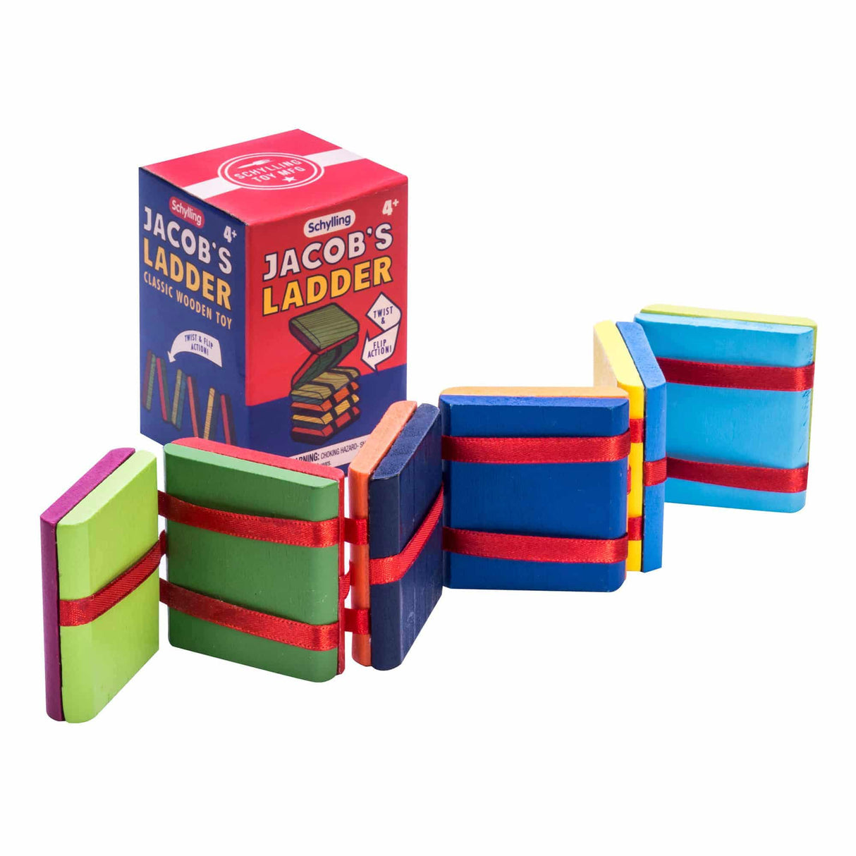 Jacob's Ladder wooden toy with colorful blocks connected by red ribbons displayed next to vibrant window box packaging.