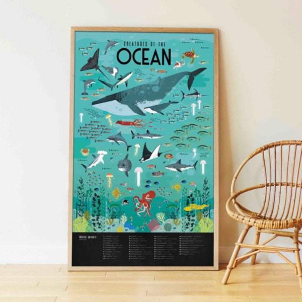 Poppik Discovery Poster Oceans with vibrant underwater species illustrations and stickers for fun ocean learning and decoration.