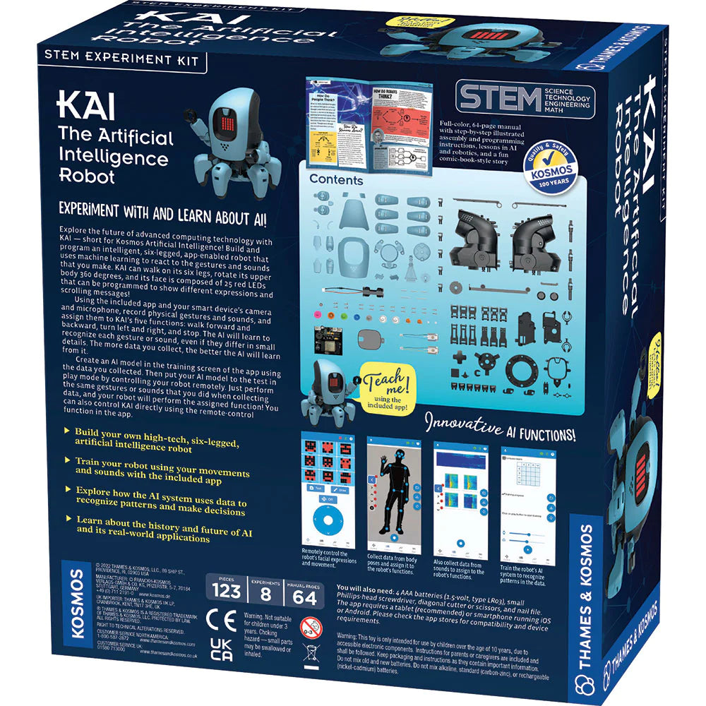 Kai The Artificial Intelligence Robot STEM kit box showing parts, app functions, and educational content on AI and robotics.