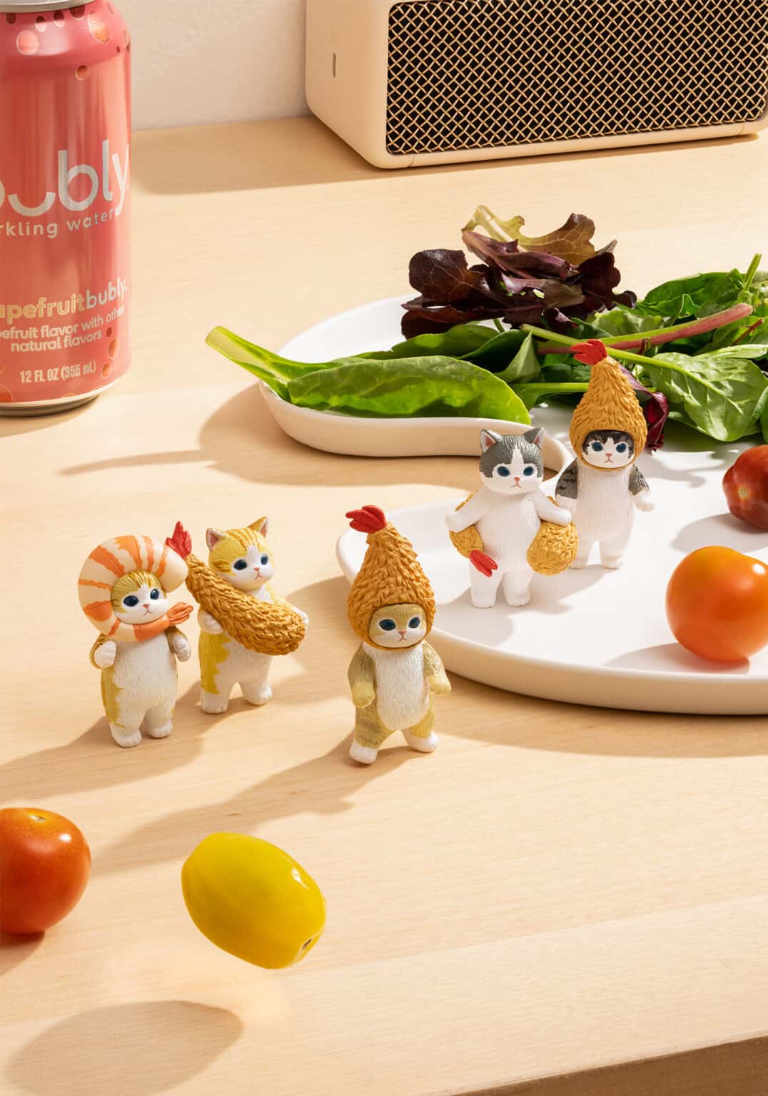 Mofusand Fried Shrimp Cat Blind Box featuring cute cat figurines dressed as fried shrimp on a kitchen table.