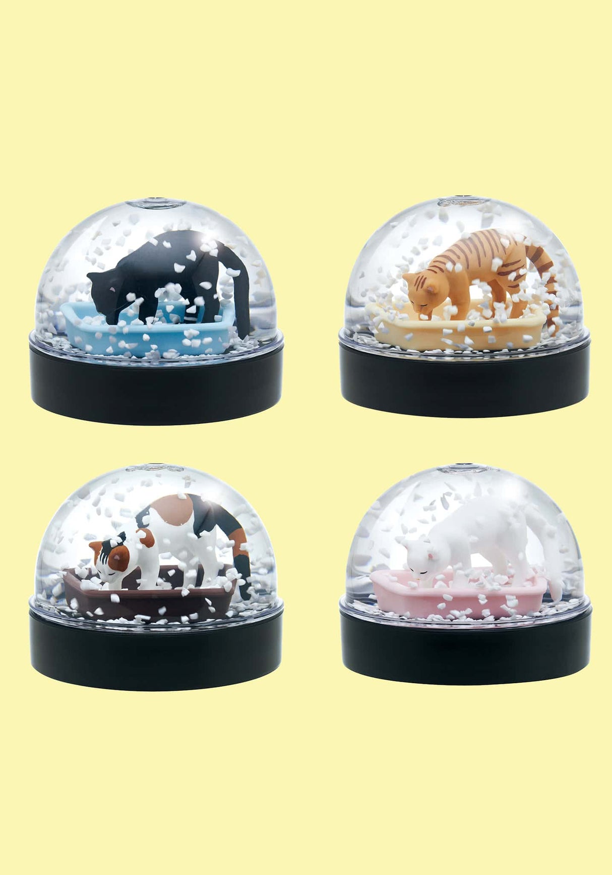 Four cat litter snow globes each featuring a different cat figurine with swirling white flakes inside clear domes.