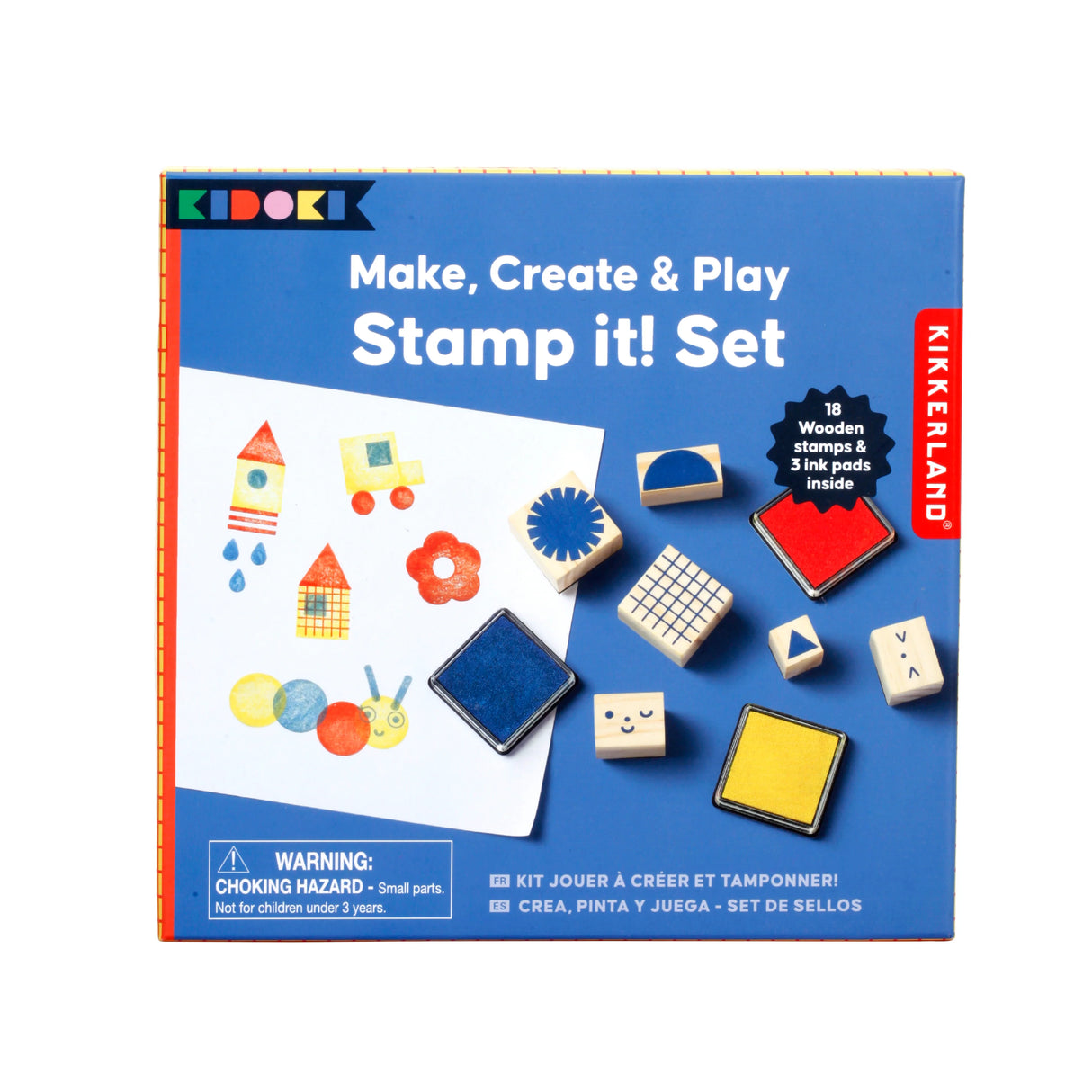 Make, Create & Play Stamp It! Set with 18 wooden stamps and 3 ink pads for kids creative play and stamping fun.
