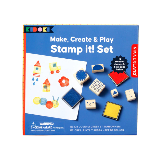 Make, Create & Play Stamp It! Set with 18 wooden stamps and 3 ink pads for kids creative play and stamping fun.