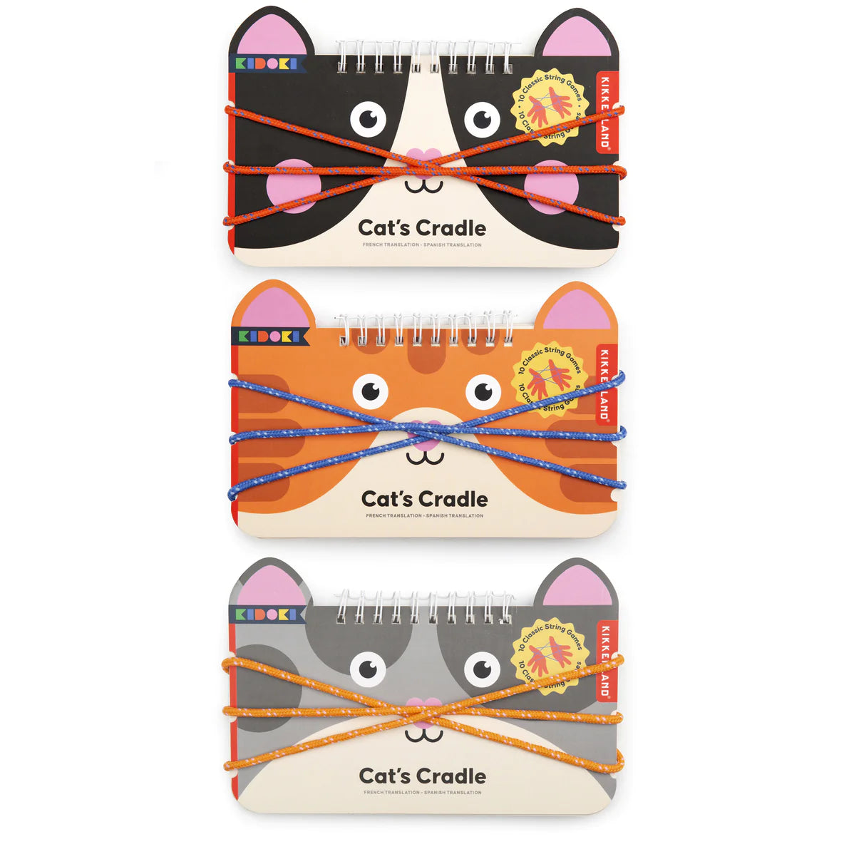 Kidoki Cat's Cradle wire-bound books with cat faces and colorful strings for creative string games.