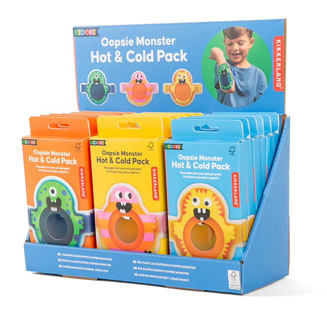 Colorful Oopsie Monster Hot and Cold Packs displayed in packaging, designed to comfort kids with soothing cold or warm relief