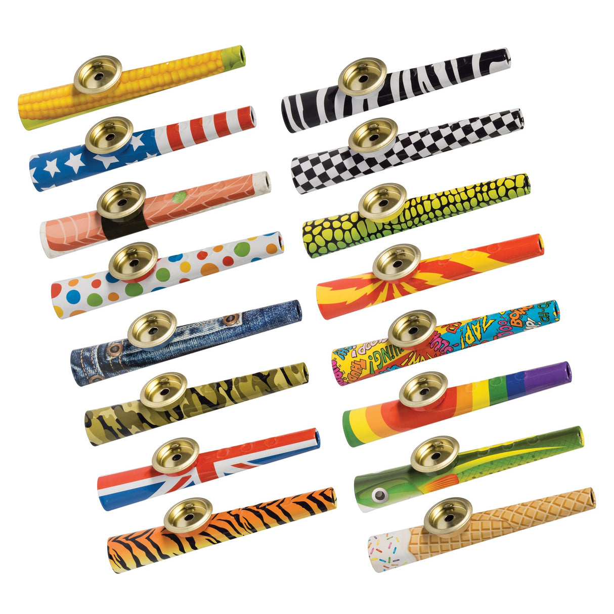 Krazy Kazoo! set showing 16 colorful collectible tin kazoos with fun, wacky designs for all ages.