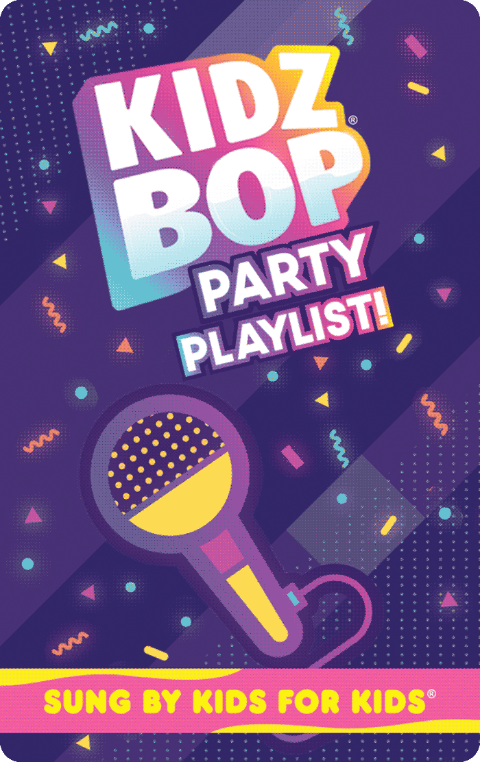 Colorful Kidz Bop Party Playlist cover with a microphone and a fun background, sung by kids for kids
