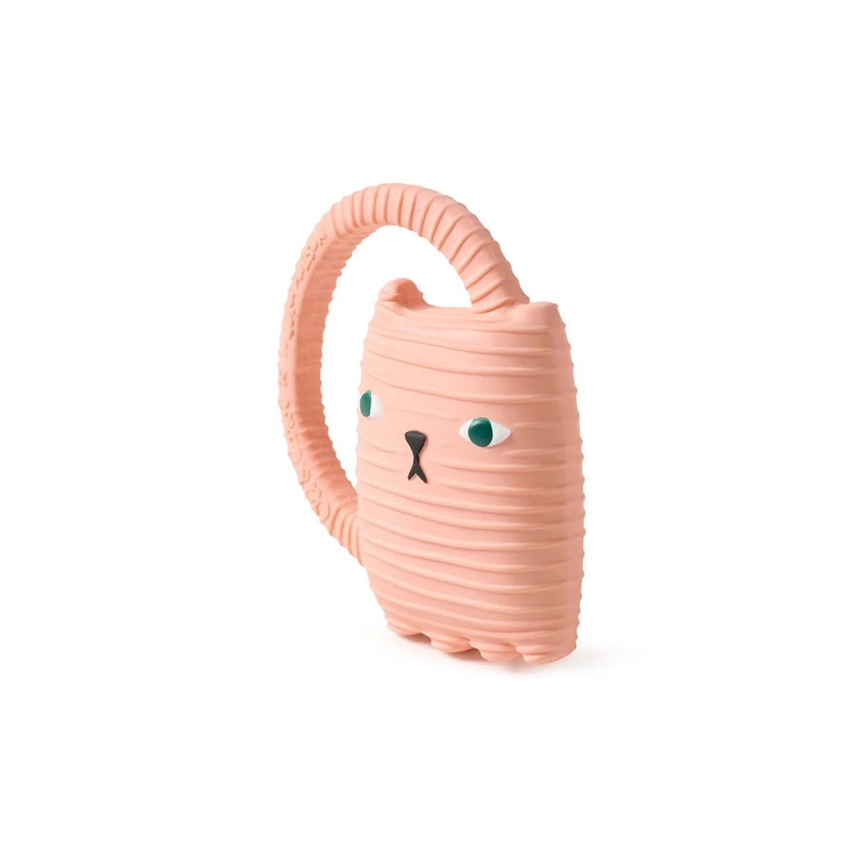 Natural Teether | Ginge Cat baby teether in soft pink with textured ribbing and a long tail handle, made from natural rubber.