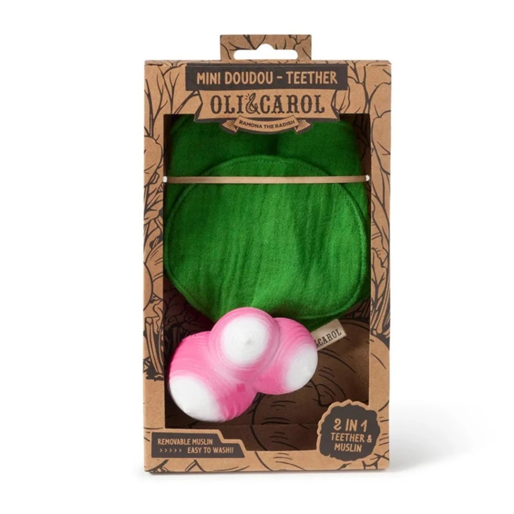 Mini DouDou Teether | Ramona the Radish with green muslin and natural rubber teether in eco-friendly packaging.