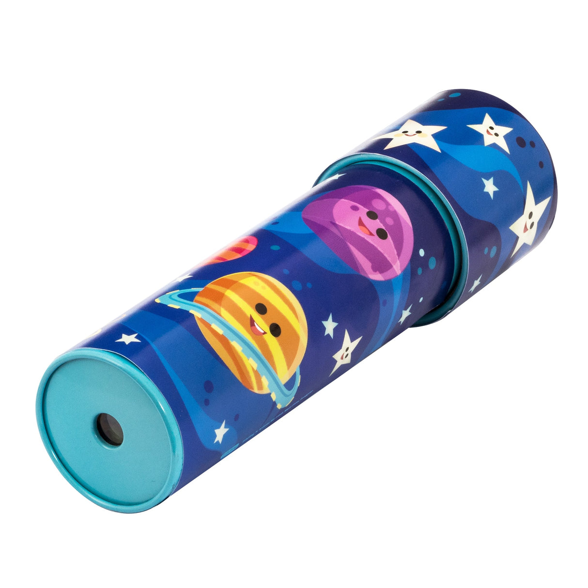 Kaleidoscope Starlight Tin featuring bright planets, stars, and fun characters with glow-in-the-dark star beads inside.