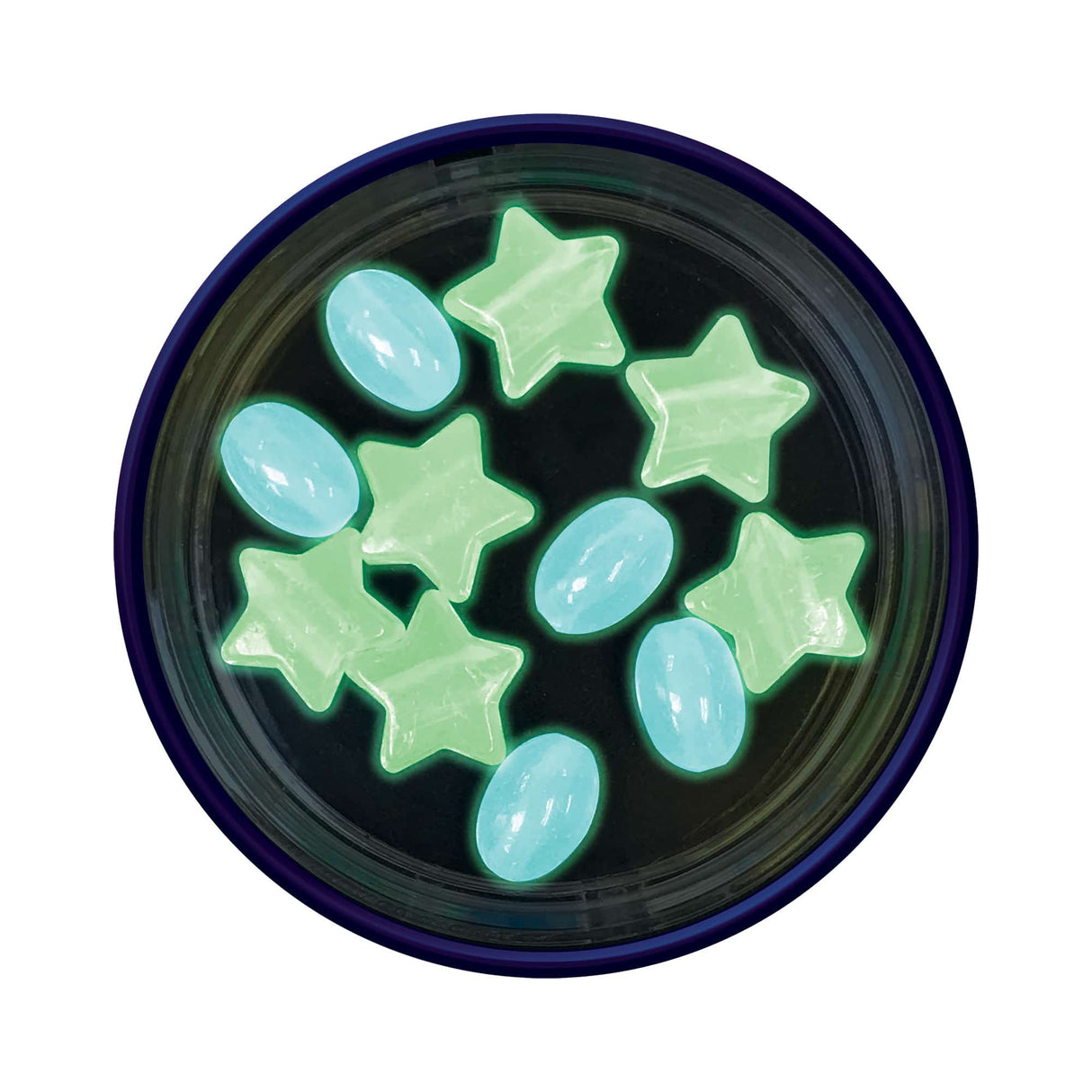 Kaleidoscope Starlight Tin with glowing star and oval beads inside viewed from above in dark background