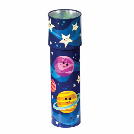 Kaleidoscope Starlight Tin with colorful planets and stars, made of tin with glow-in-the-dark star beads inside.