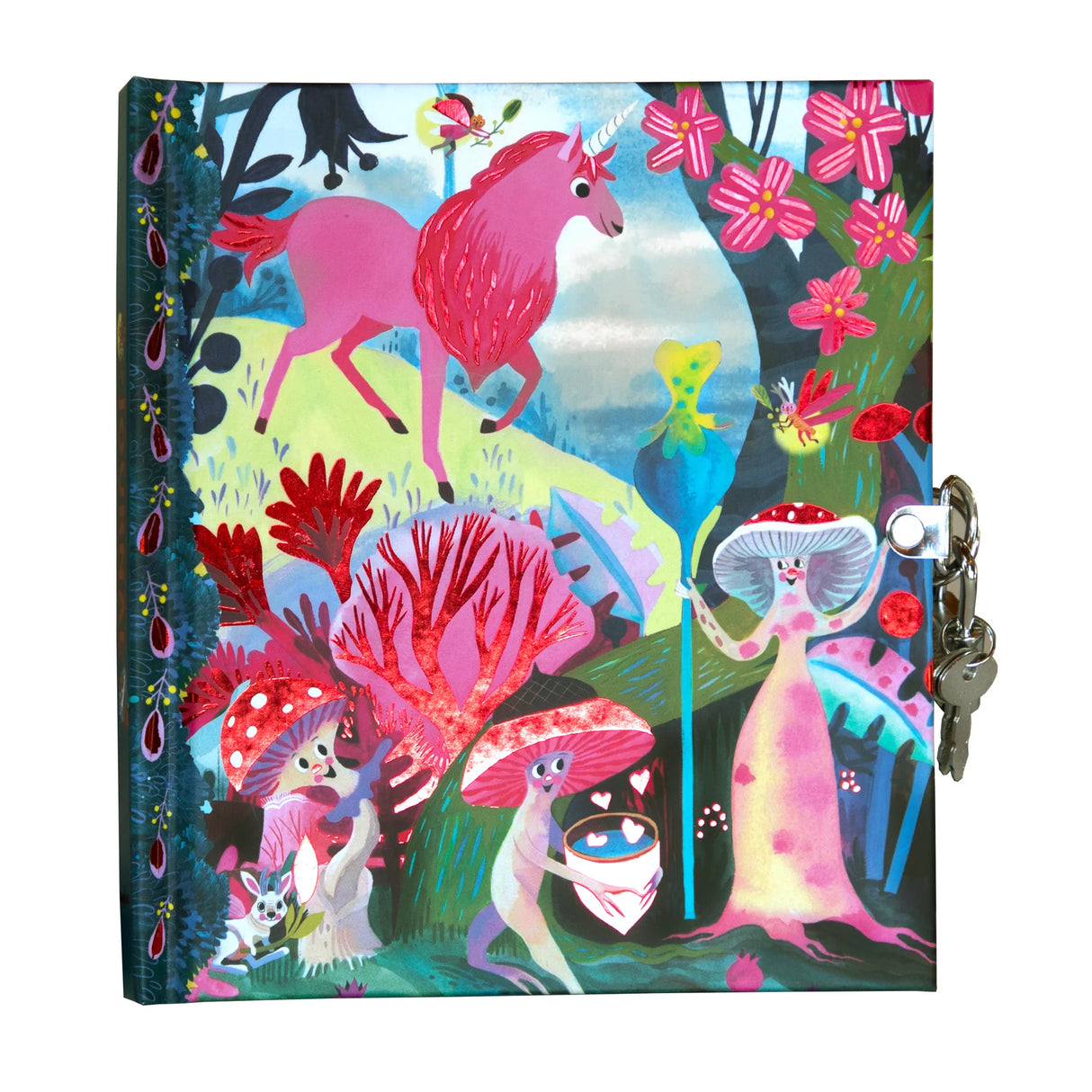 Magical Creatures Diary with foil cover, unicorn illustration, lock and keys, colorful whimsical design.