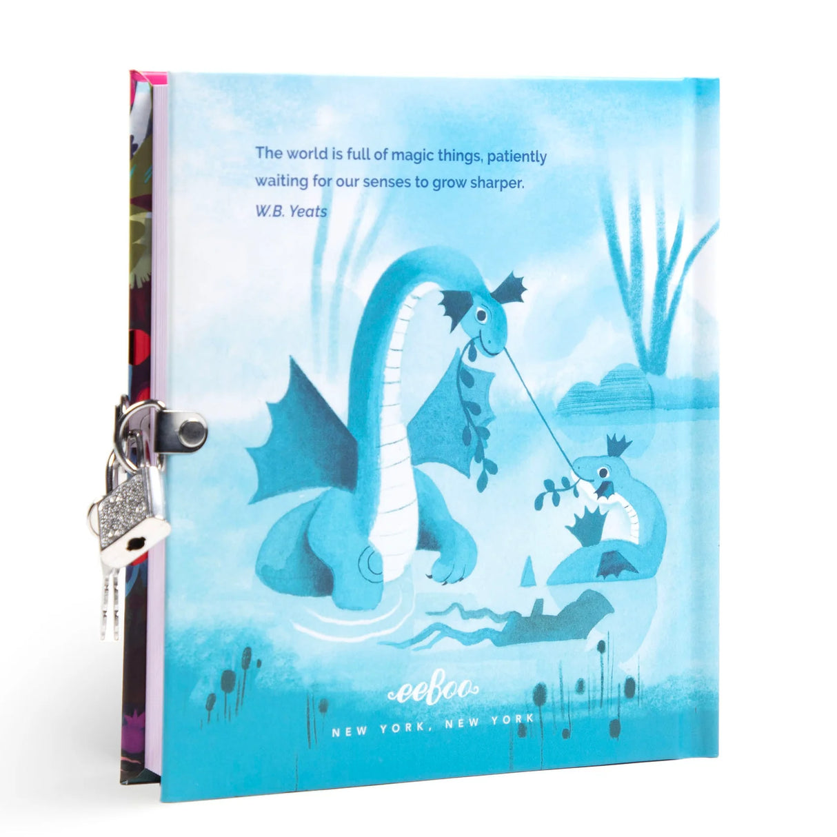 Magical Creatures Diary with blue dragon illustration, foil cover, lock and keys for secure, creative journaling.