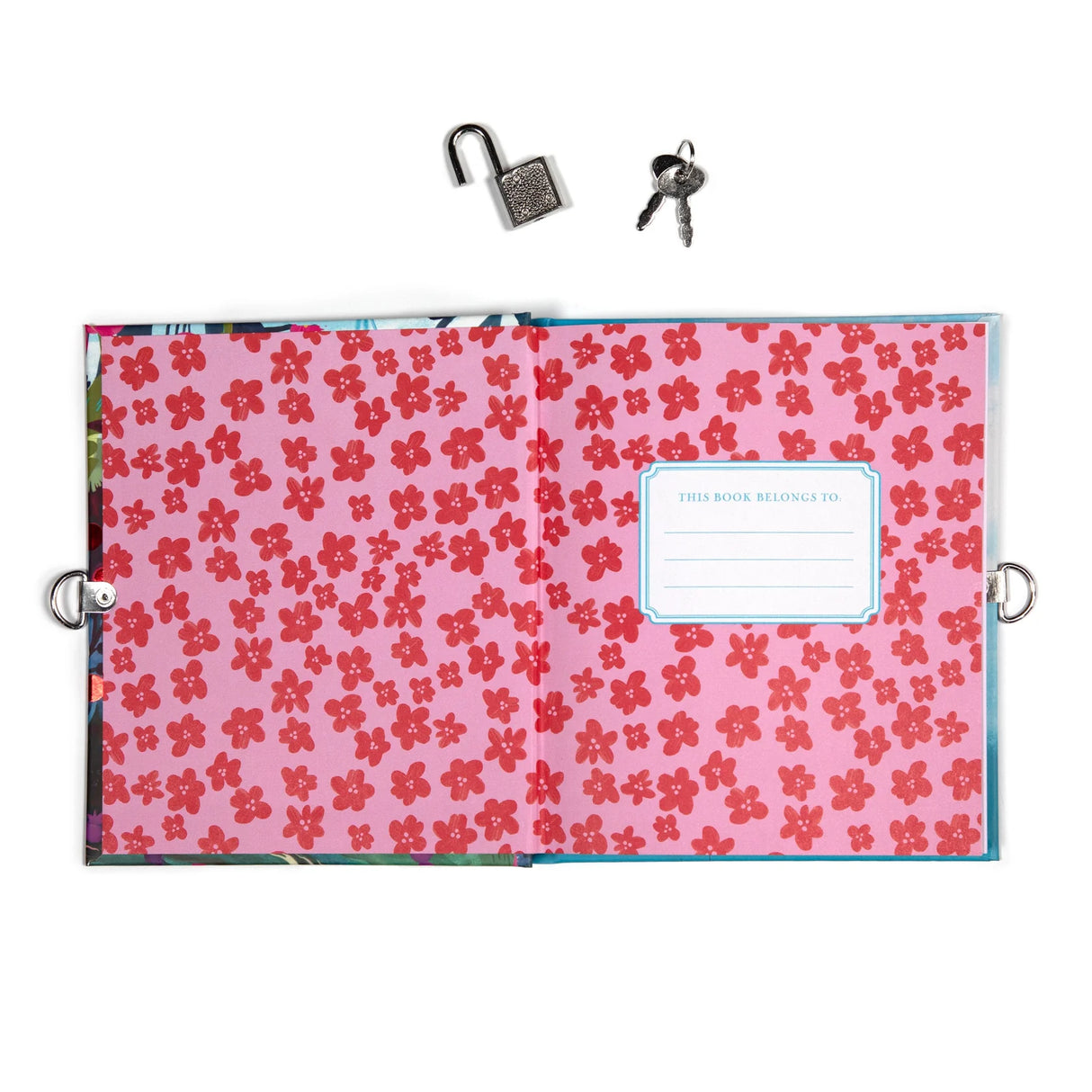 Magical Creatures Diary open to floral pattern pages with a lock and two keys on a white background.