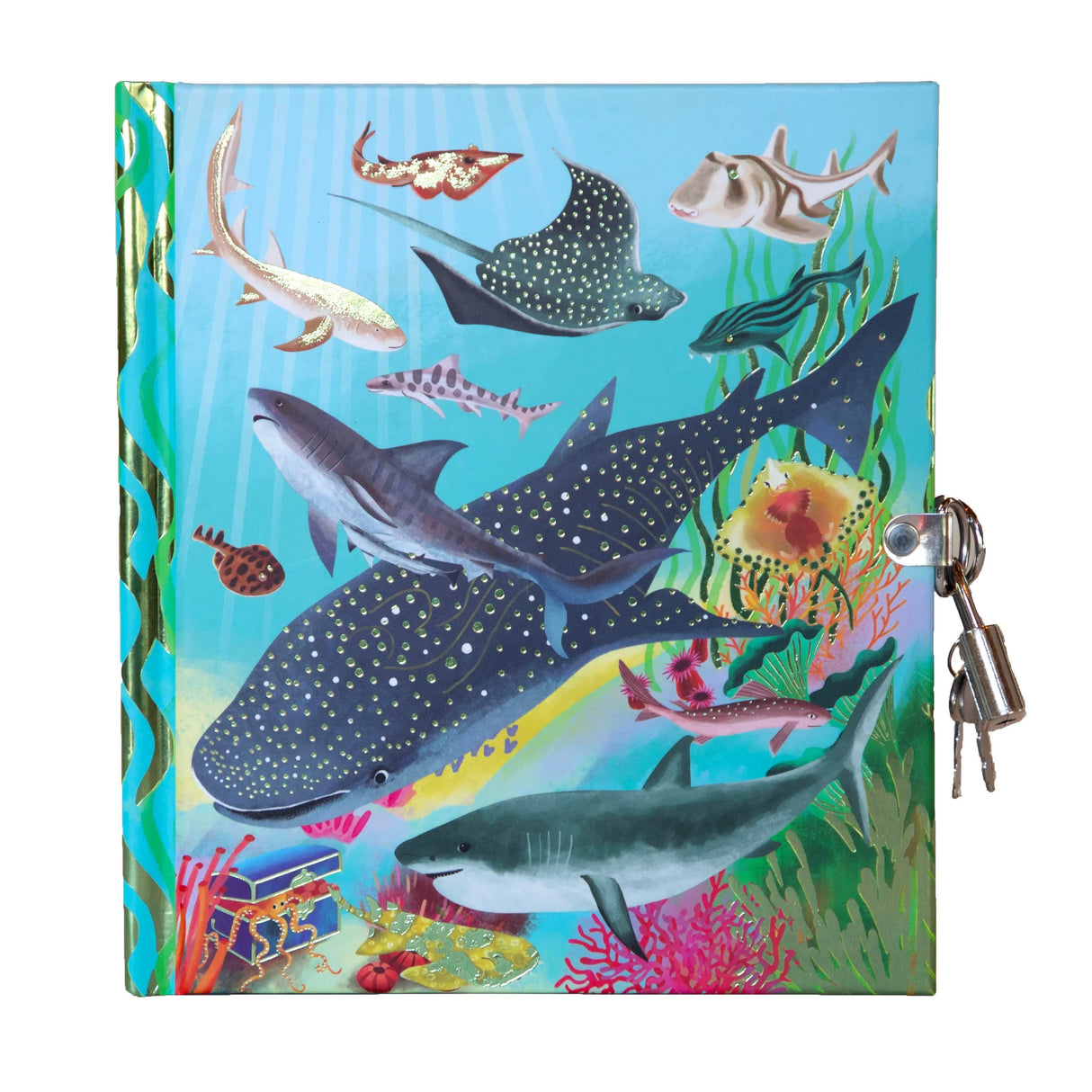 Sharks & Friends Diary with foil stamped cover featuring sharks and sea creatures, includes lock and two keys.
