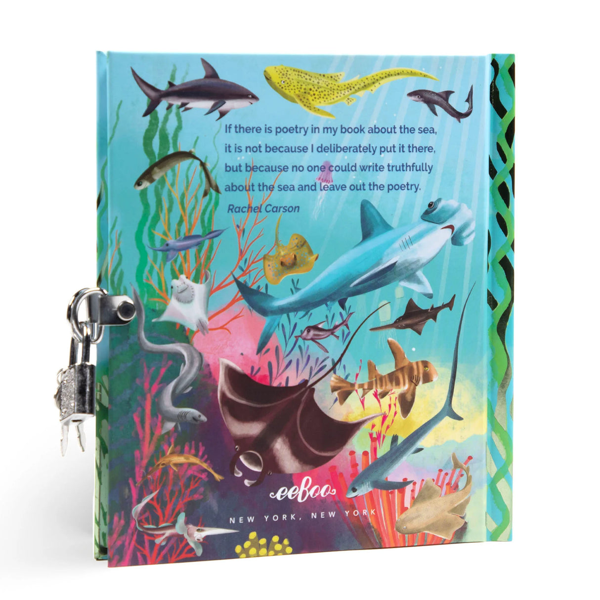Sharks & Friends Diary with vibrant sea creatures, foil cover, lock, and two keys for creative journaling.