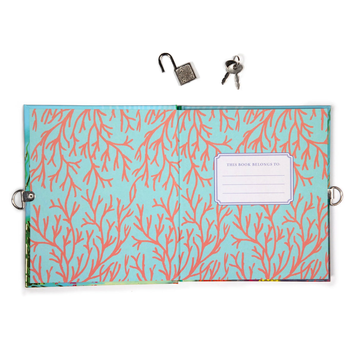Open Sharks & Friends Diary showing coral design inside cover with lock and two keys on white background.