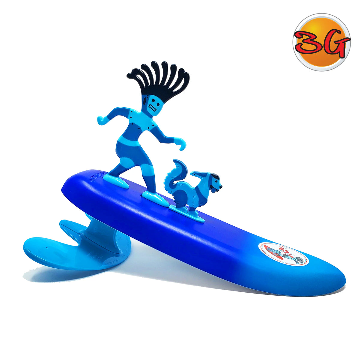 Surfer Dudes Legends mini surf toy in blue with surfer figure and pet on self-righting board for beach fun.