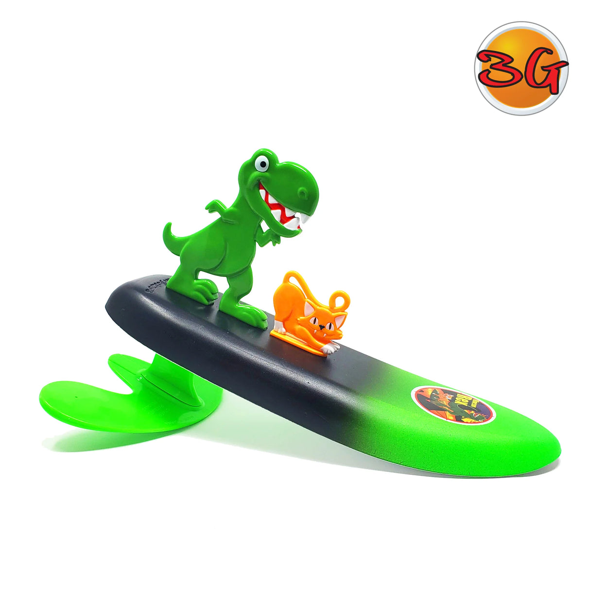 Surfer Dudes Legends toy with green dinosaur and orange pet on a black and green mini surfboard for beach fun.