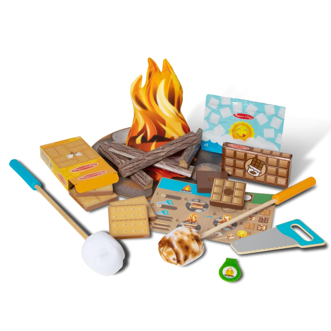 Let's Explore Campfire S'mores Play Set with wooden logs, flames, reversible marshmallows, chocolate, graham crackers, and play tools.