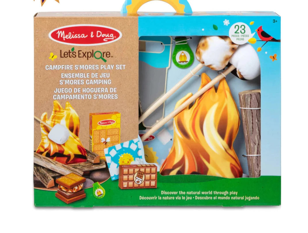 Melissa & Doug Let's Explore Campfire S'mores Play Set with marshmallows, flames, logs, and toasting sticks in packaging.