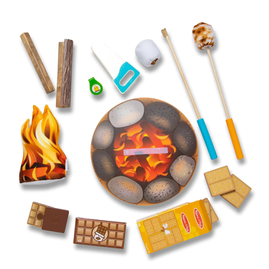 Let's Explore Campfire S'mores Play Set with logs, flames, firepit mat, toasting sticks, marshmallows, chocolate, and graham crackers.