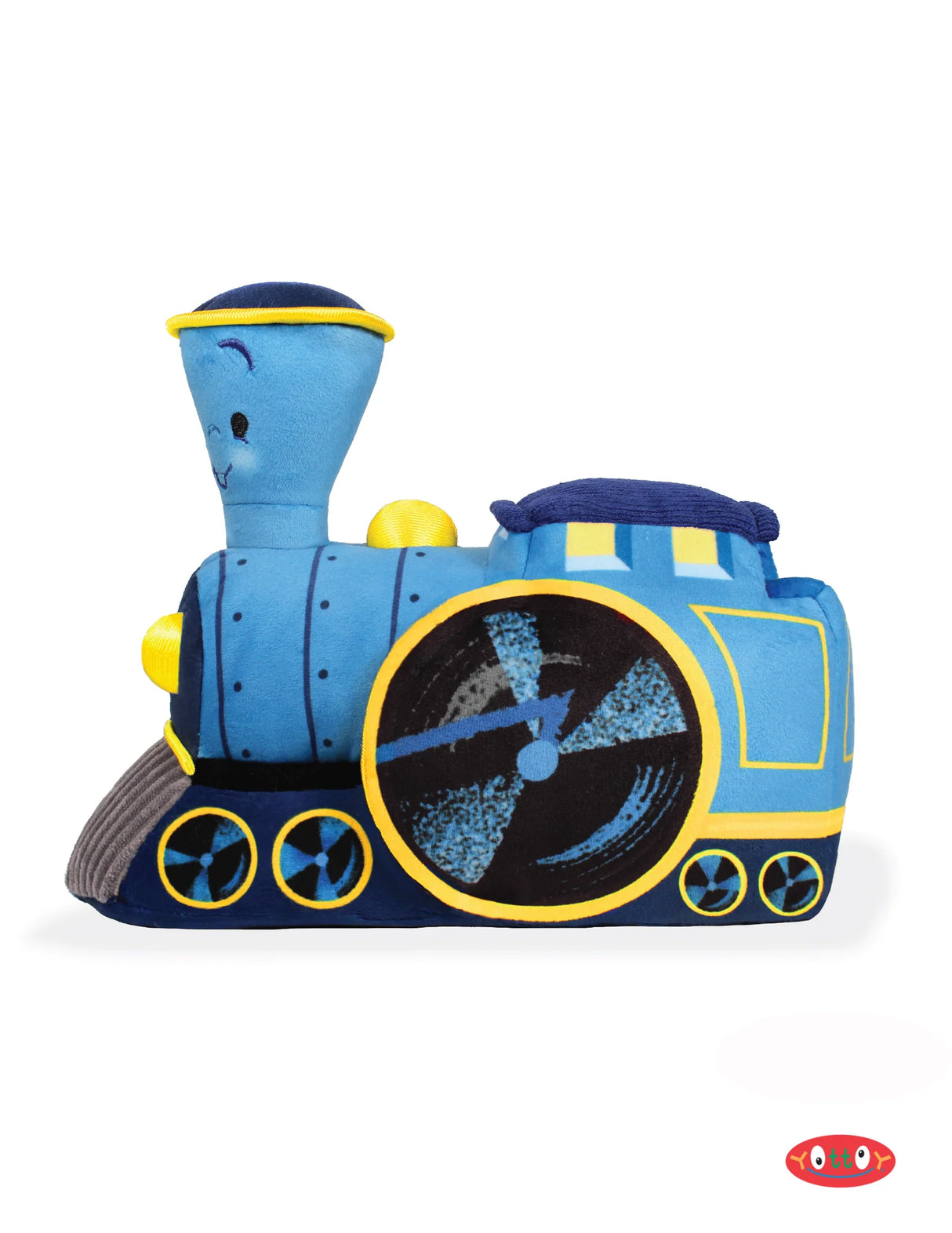 Soft blue and yellow fabric train plush with embroidered friendly face and patterned wheel details on a white background