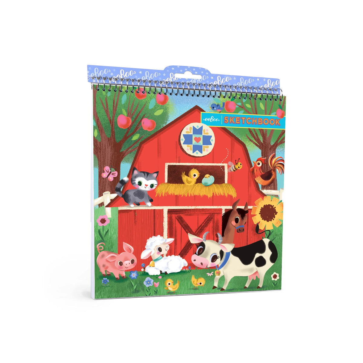 Square Sketchbook | Little Farm featuring colorful farm animals in a red barn scene with trees and flowers
