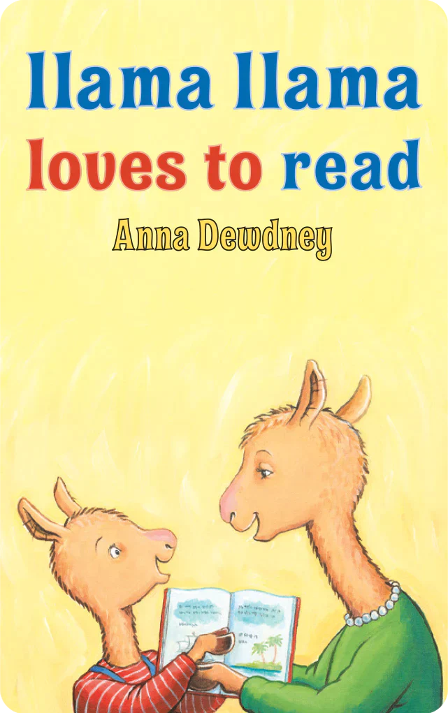 Illustration of two llamas reading a book together on a bright yellow background from a children's storybook cover.