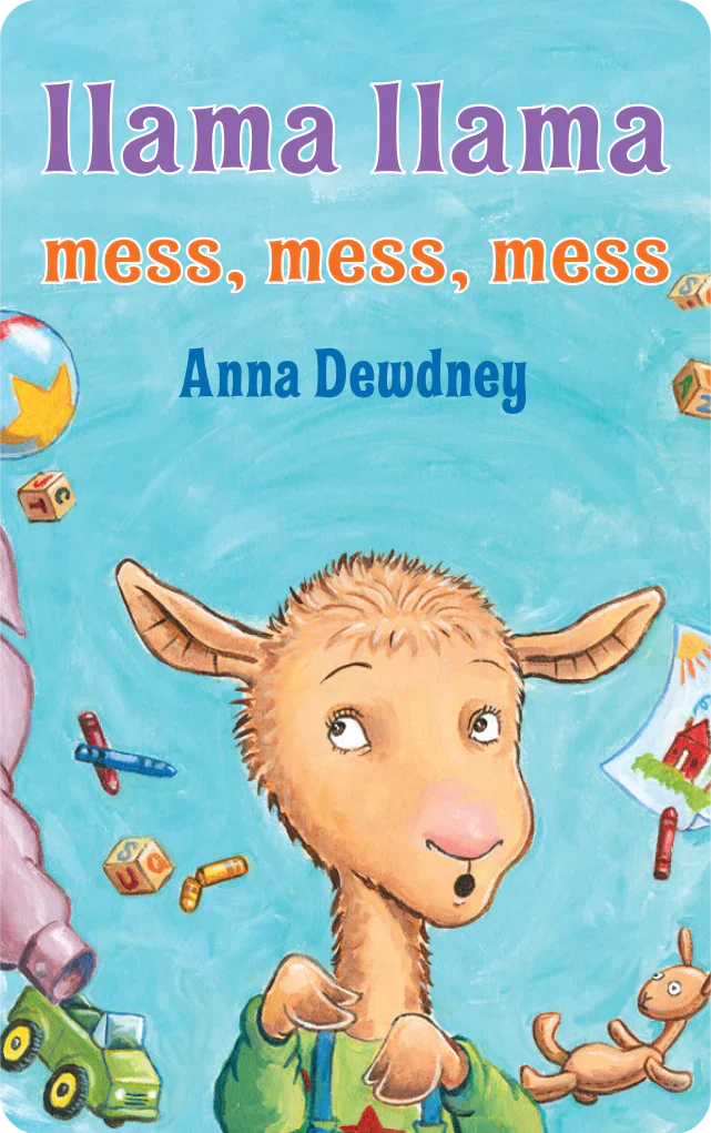 Illustration of Llama Llama surrounded by toys and mess on a bright blue background with playful text above.