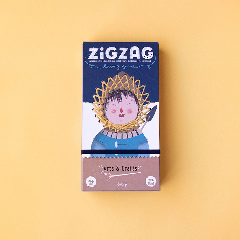 ZigZag Lacing embroidery kit with colored wool, needles, and cardboard templates for kids ages 5 and up on yellow background.