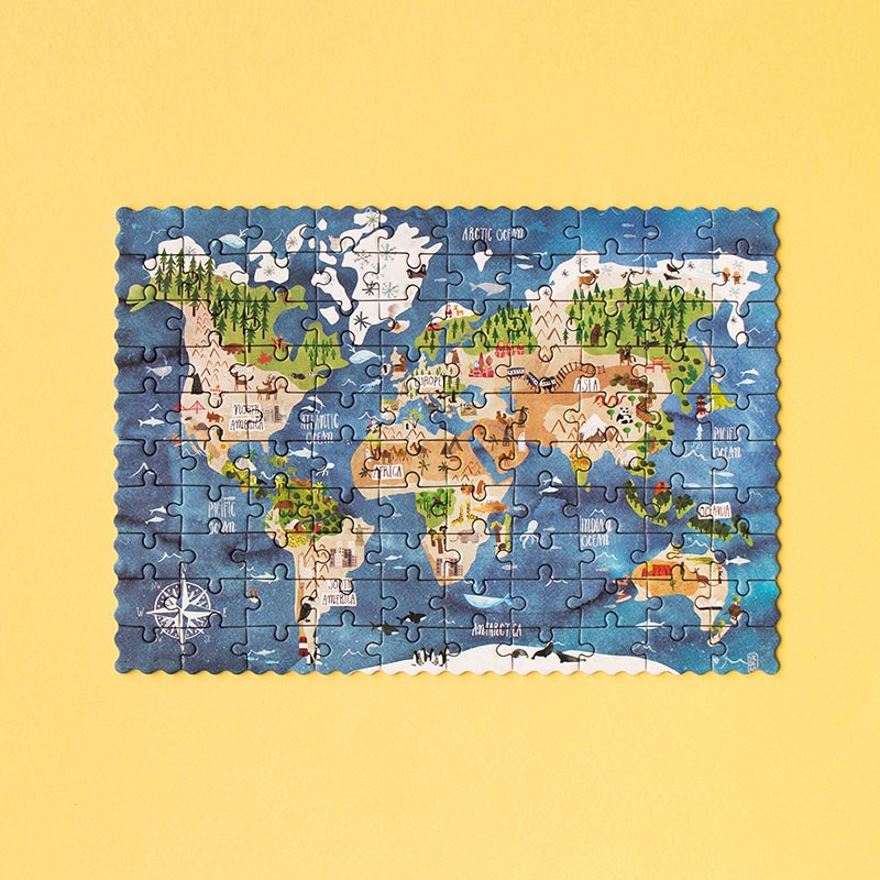 100pc Discover the World Pocket Puzzle featuring a colorful illustrated world map on a yellow background.