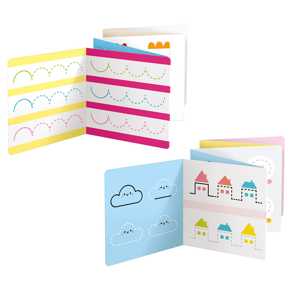 Two colorful accordion coloring books with beginner tracing lines and simple shapes for children.